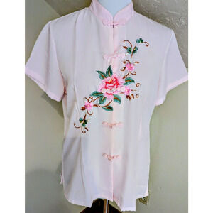 Vintage Style Embroidered Mandarin Collar Top Women’s Small Frog Closure Blouse